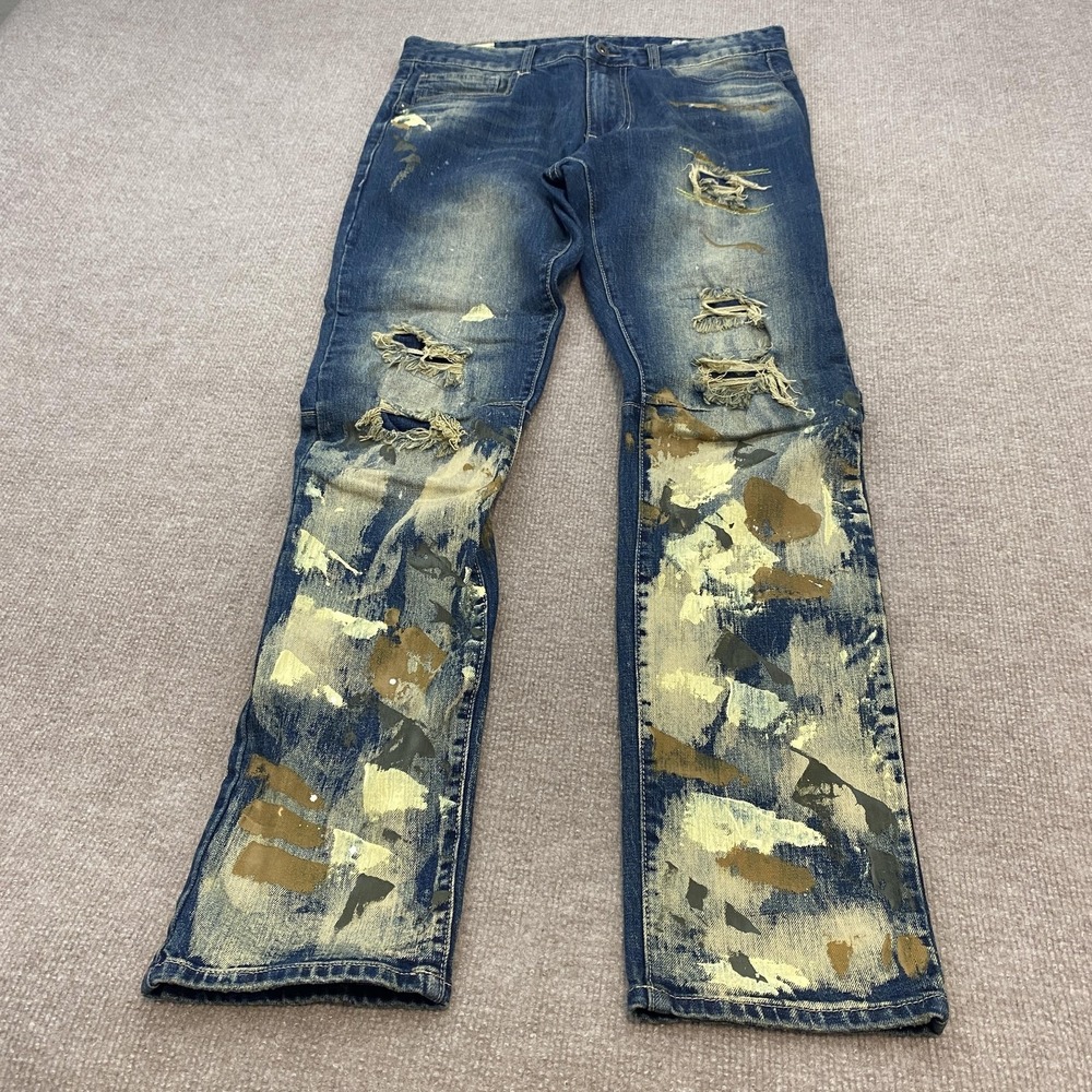 Smoke Rise Jeans‎ Mens 34x34 Blue Distressed Paint Camo Stretch Denim Art Work